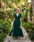 Vestido largo de tul verde esmeralda
