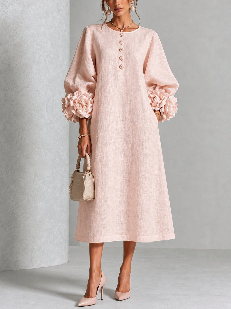 Justyna | Elegancka sukienka midi z kwiatowymi mankietami